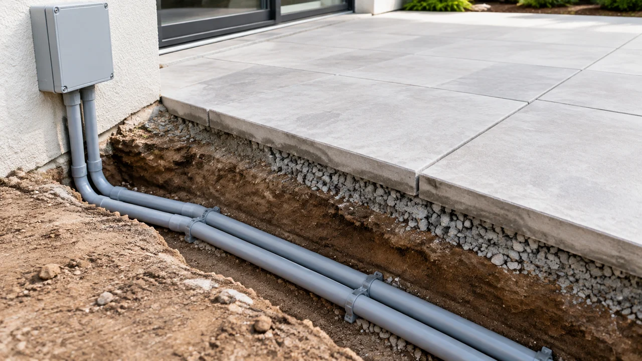 Underground conduit laid in a trench beside a new concrete patio. Concept visualization · Not a customer installation