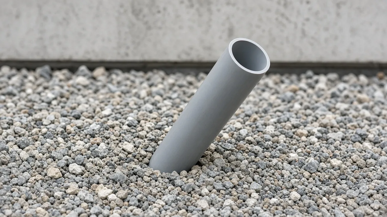 Electrical conduit coming out of gravel before a concrete pour. Concept visualization · Not a customer installation