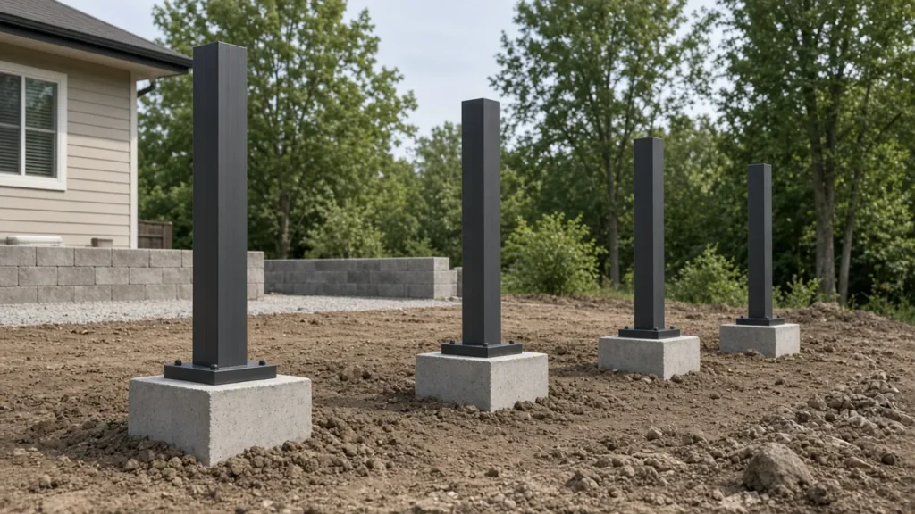 Aluminum pergola posts on concrete footings before the patio finish. Concept visualization · Not a customer installation