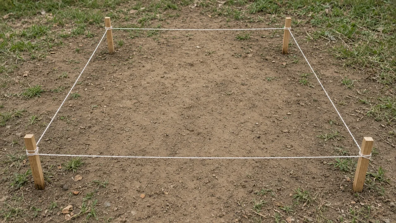 Mason string and wood stakes marking a square patio layout. Concept visualization · Not a customer installation