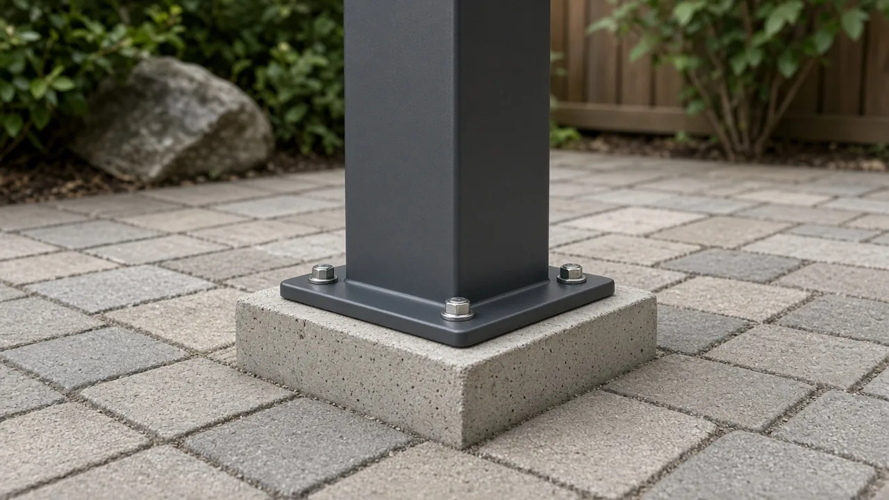 Pergola post bolted to a concrete pier with pavers around it. Concept visualization · Not a customer installation