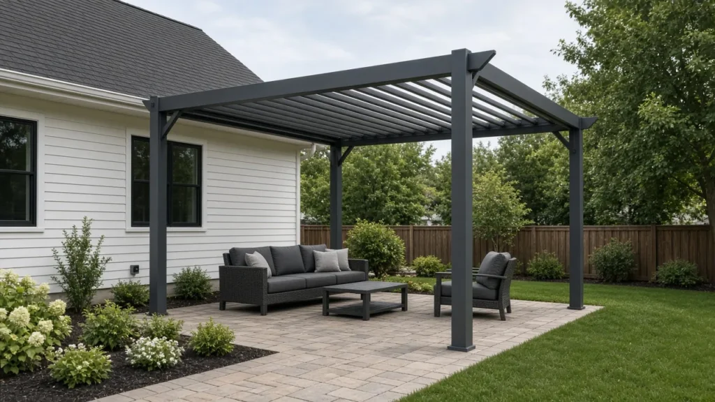Powder-coated aluminum louvered pergola beside a house with a shingle roof. Concept visualization · Not a customer installation