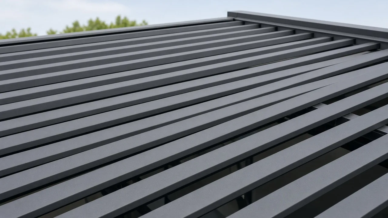 Closed powder-coated aluminum louvers forming a flat roof. Concept visualization · Not a customer installation