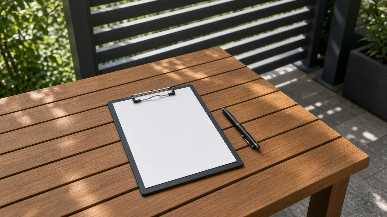 Clipboard and pen on a wooden table under a louvered pergola. Concept visualization · Not a customer installation
