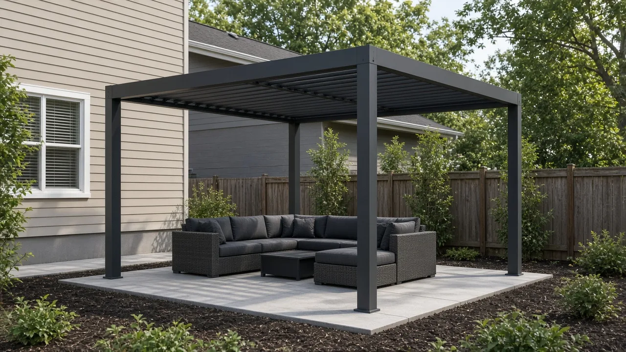 Compact powder-coated louvered pergola over outdoor seating on a backyard patio. Concept visualization · Not a customer installation
