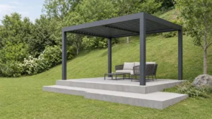 Level louvered pergola on a stepped pad in a sloped yard. Concept visualization · Not a customer installation