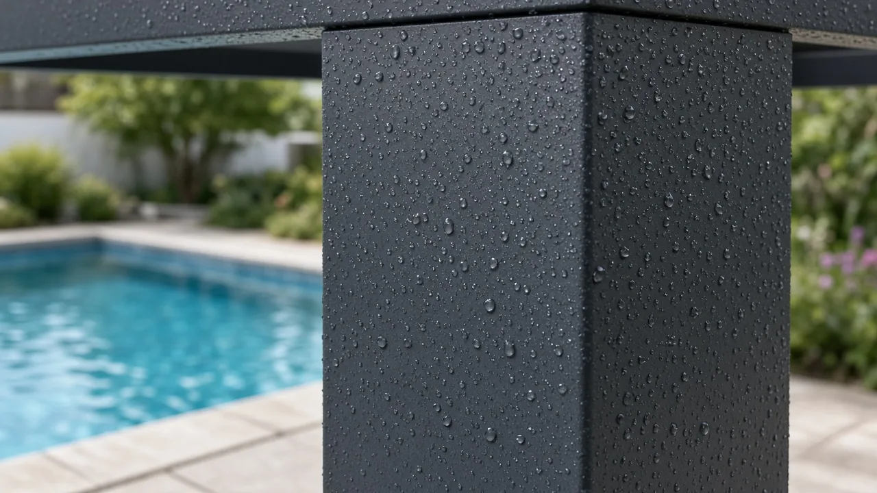 Water droplets on a powder-coated aluminum pergola post. Concept visualization · Not a customer installation