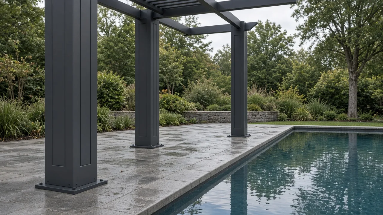 Pergola posts on a wet pool deck near the water. Concept visualization · Not a customer installation