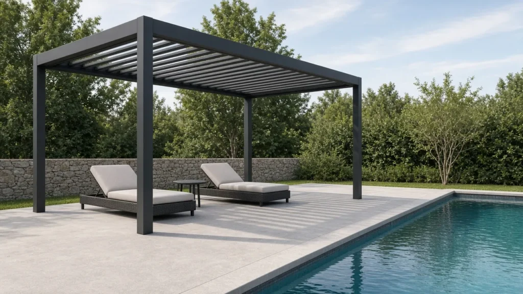 Louvered pergola on a pool deck beside the water. Concept visualization · Not a customer installation