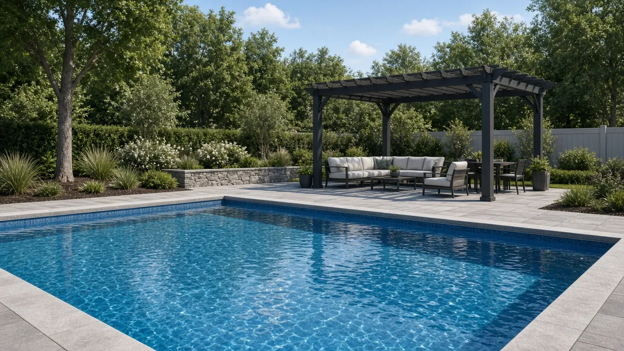 Pergola with lounge seating on the far side of a pool deck. Concept visualization · Not a customer installation