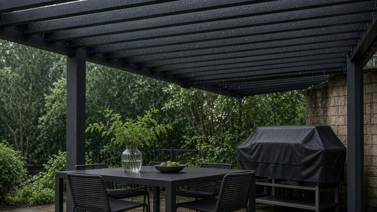 Closed louvered roof over dining next to a covered grill. Concept visualization · Not a customer installation