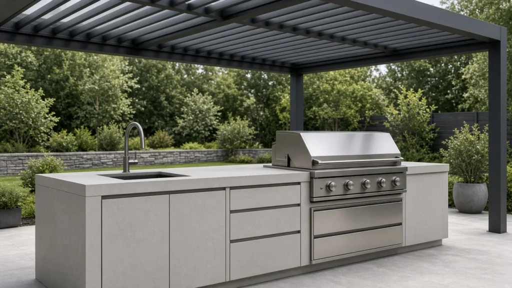 Outdoor kitchen island under an aluminum louvered pergola. Concept visualization · Not a customer installation