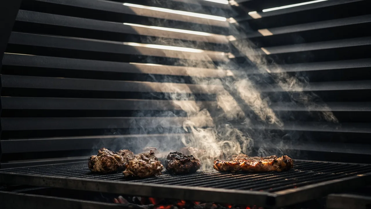 Open louvers above a smoking grill. Concept visualization · Not a customer installation