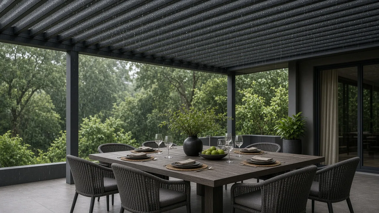 Dining under a closed louvered roof. Concept visualization · Not a customer installation
