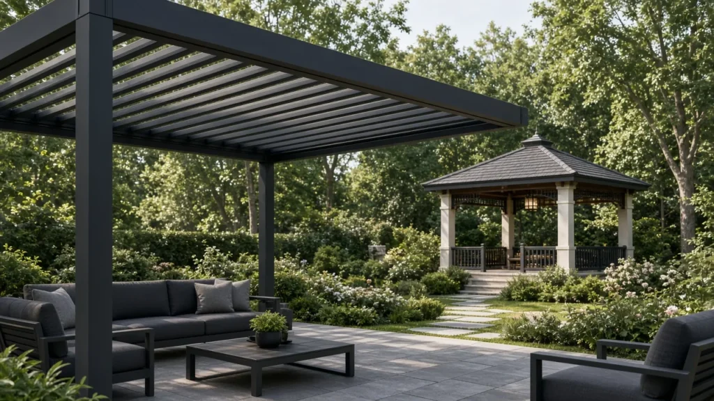 Louvered pergola over a seating area with a gazebo in the background. Concept visualization · Not a customer installation