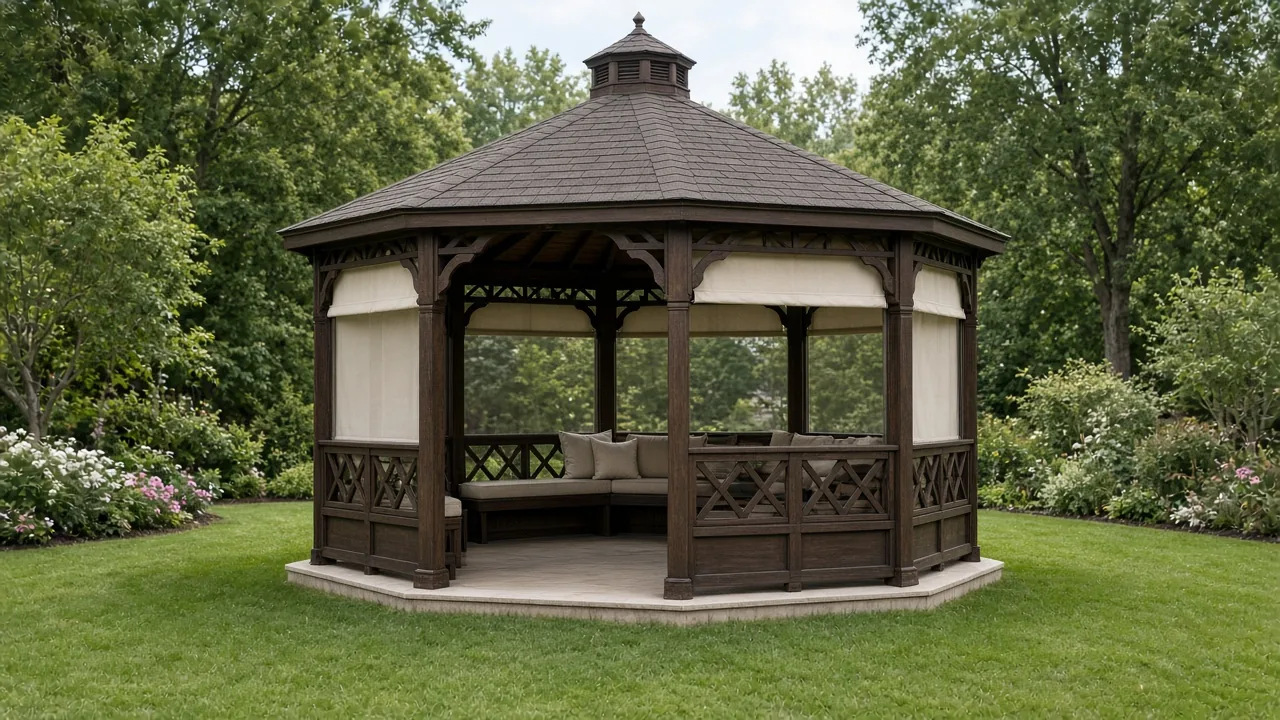 Traditional octagonal hardtop gazebo on a lawn. Concept visualization · Not a customer installation