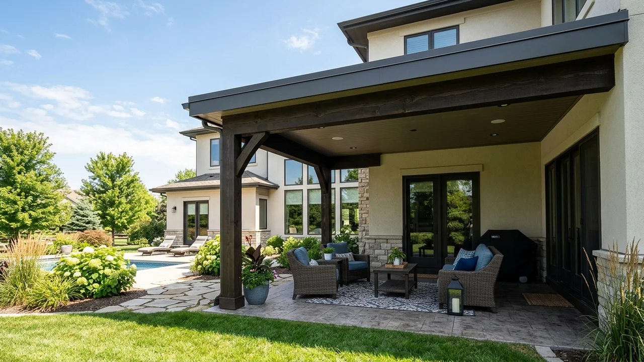 Solid patio cover attached to a house over patio seating. Concept visualization · Not a customer installation