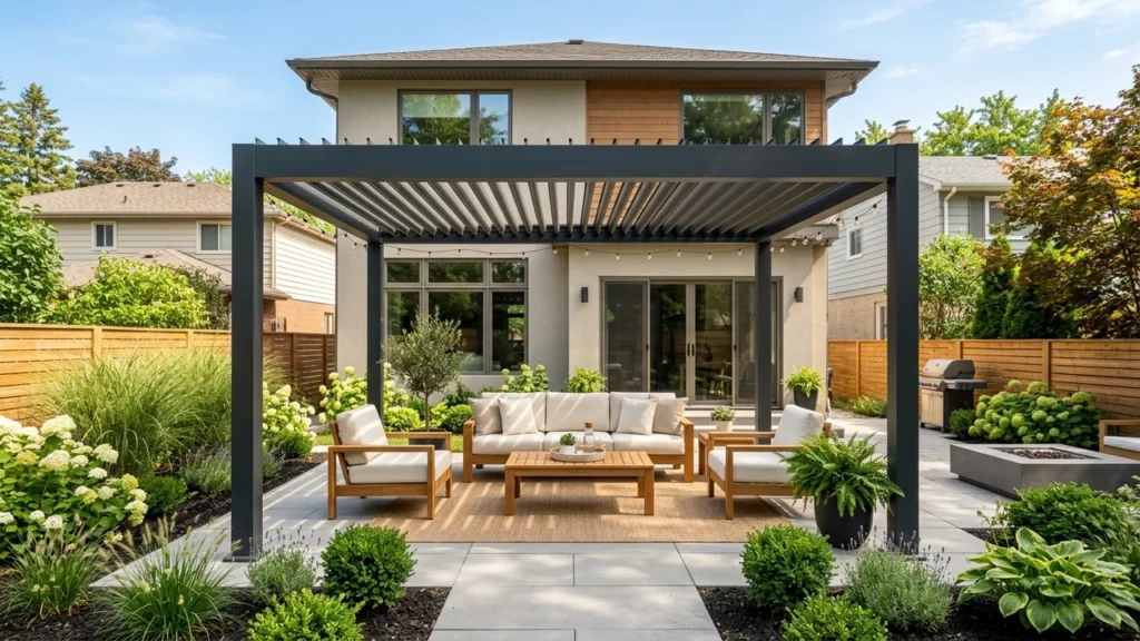 Aluminum louvered pergola over a seating area in a backyard. Concept visualization · Not a customer installation