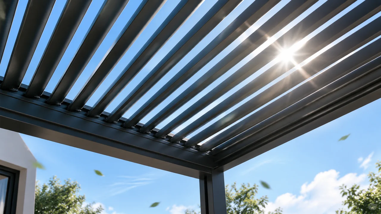 Aluminum louvers tilted open against a sunny sky. Concept visualization · Not a customer installation