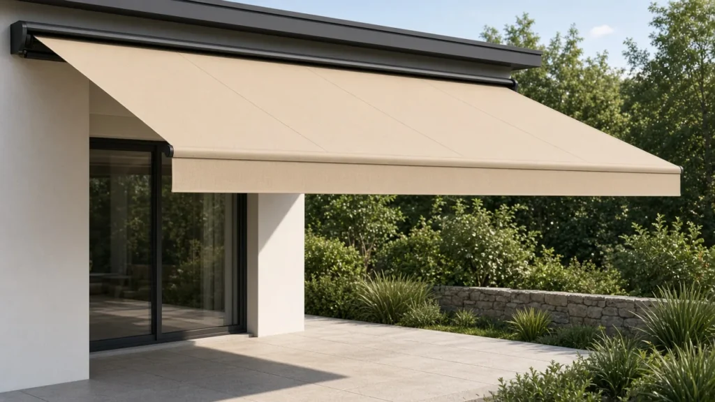 Fabric retractable awning over a patio with no ground posts. Concept visualization · Not a customer installation