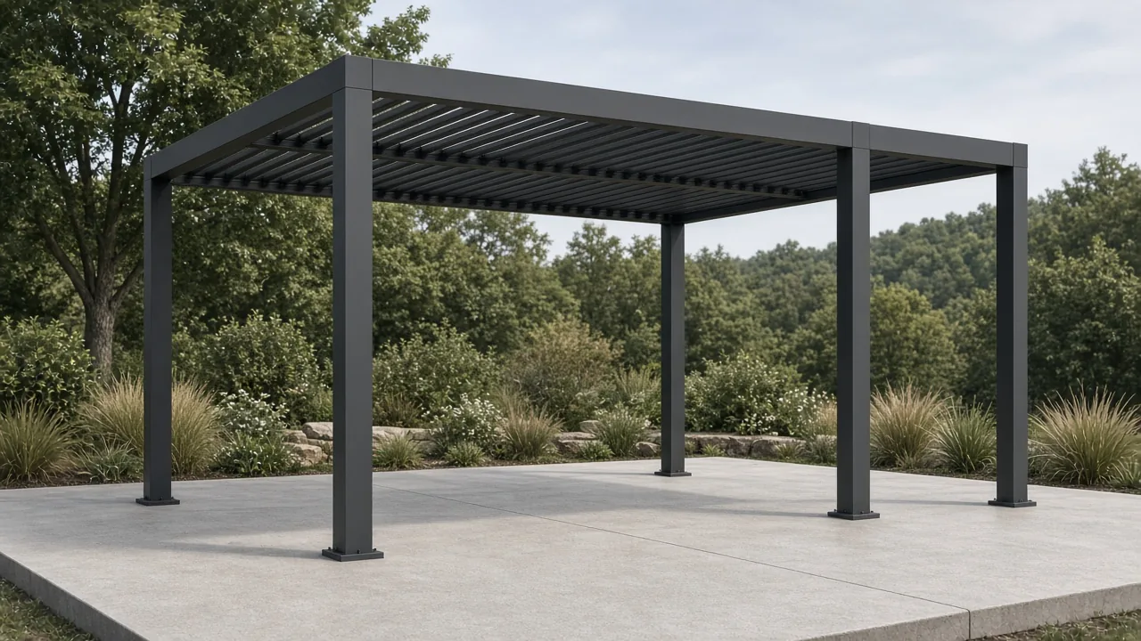 Four aluminum pergola posts on a concrete pad. Concept visualization · Not a customer installation