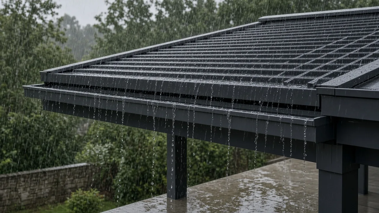 Closed louvered roof shedding rain into beam channels. Concept visualization · Not a customer installation