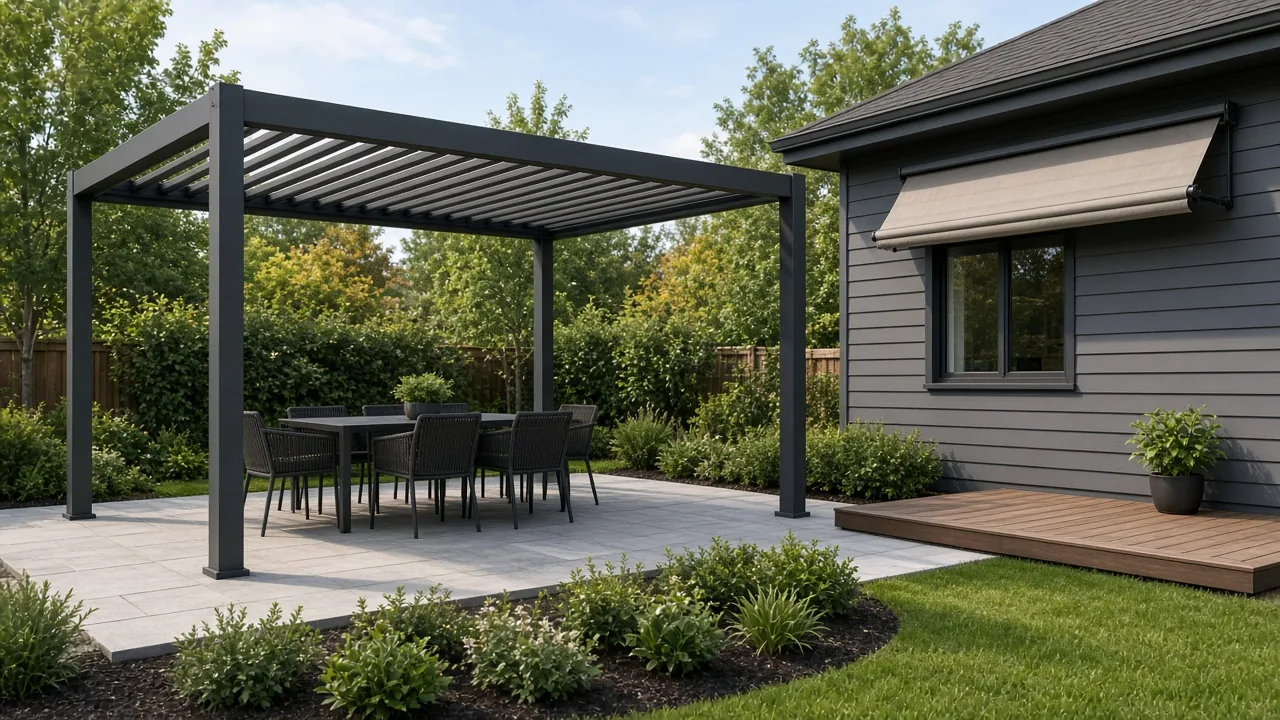 An aluminum louvered pergola in a backyard and a fabric awning on the house. Concept visualization · Not a customer installation