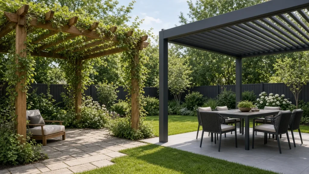 Open wood pergola beside a closed aluminum louvered pergola. Concept visualization · Not a customer installation