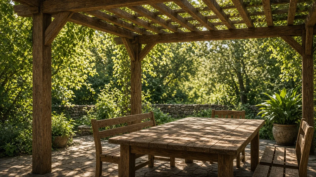 Traditional wood pergola with open rafters and dappled sun on a table. Concept visualization · Not a customer installation