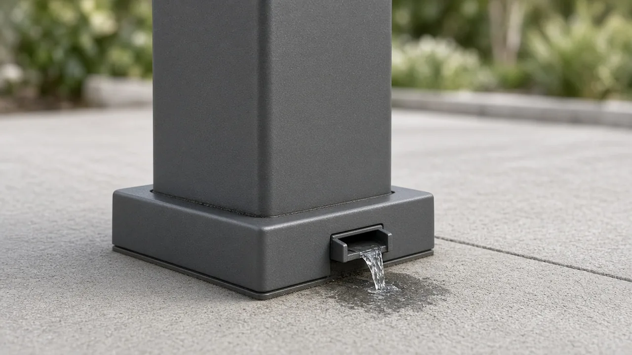 Water drain outlet at the foot of a pergola post on concrete. Concept visualization · Not a customer installation