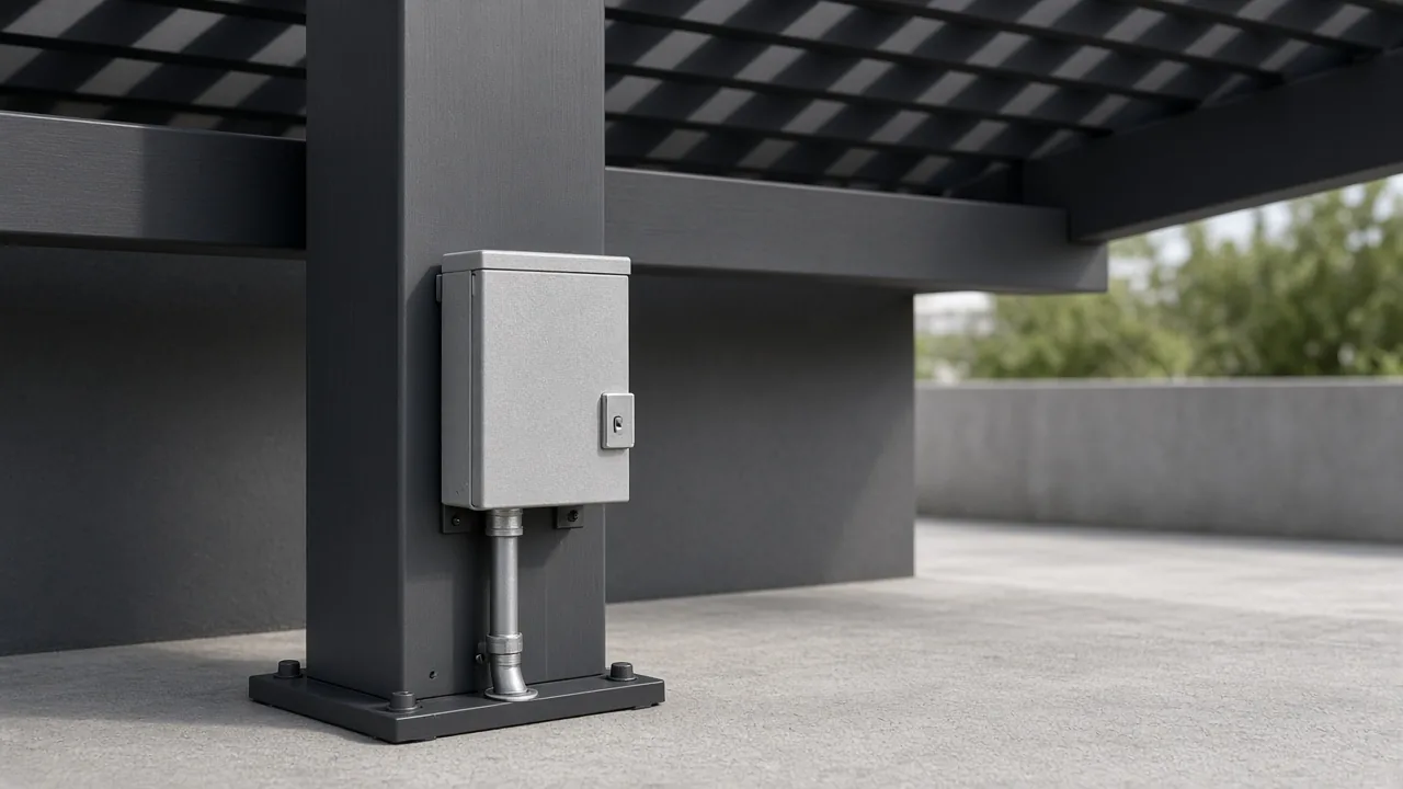 Outdoor disconnect and conduit at the base of a pergola post. Concept visualization · Not a customer installation