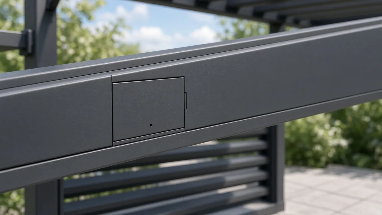 Access cover on an aluminum pergola beam where the motor is hidden in the frame. Concept visualization · Not a customer installation