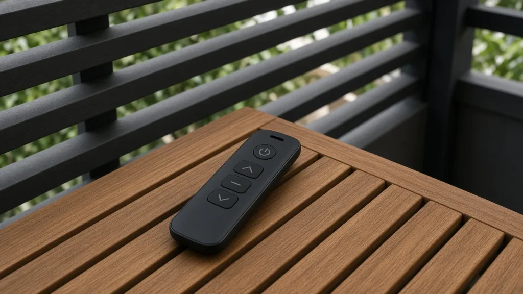 Handheld remote on a wood table under louvers. Concept visualization · Not a customer installation
