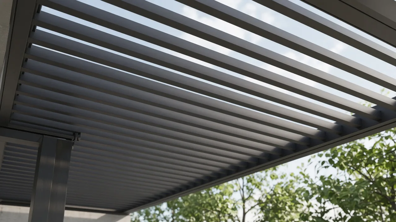 Slightly open aluminum louvers. Concept visualization · Not a customer installation