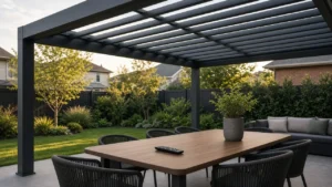 Dining table under a motorized aluminum louvered pergola with a remote. Concept visualization · Not a customer installation