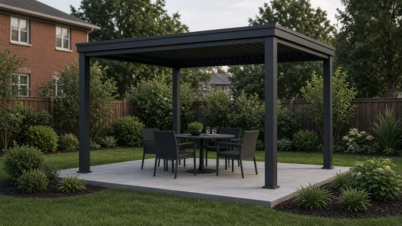 Aluminum louvered pergola over a patio dining set. Concept visualization · Not a customer installation