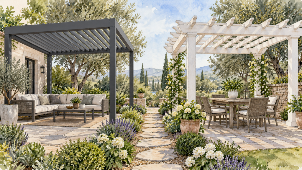 Comparison of a louvered roof and a traditional open-beam pergola. Concept visualization · Not a customer installation