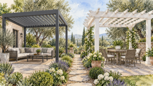 Comparison of a louvered roof and a traditional open-beam pergola. Concept visualization · Not a customer installation