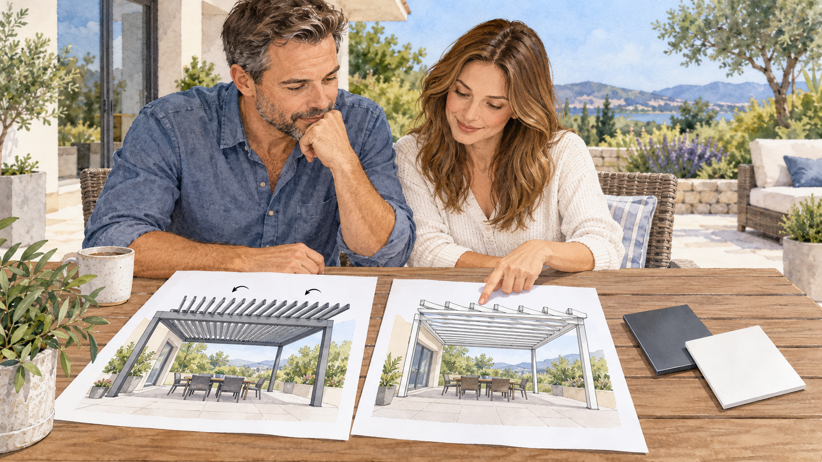 Homeowners comparing conceptual roof drawings and finish samples at a patio table. Concept visualization · Not a customer installation