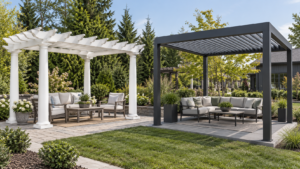 Generic traditional fixed-rafter and contemporary louvered pergola arrangements. Concept visualization · Not a customer installation