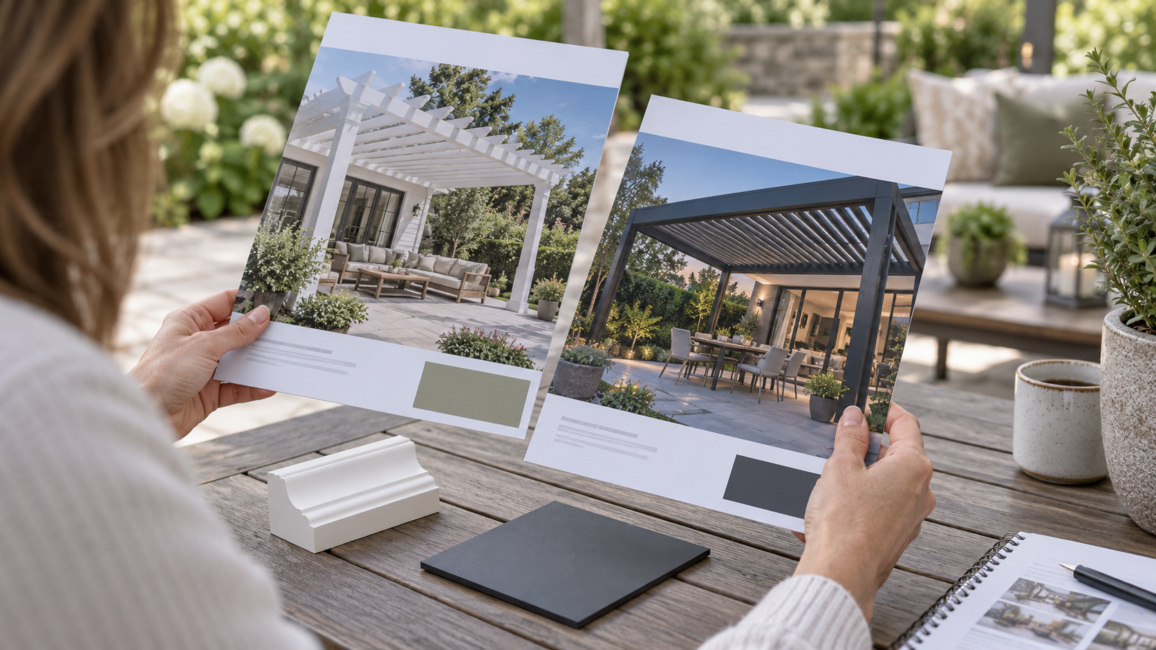 Buyer comparing a traditional fixed-rafter pergola brochure with a louvered-roof brochure. Concept visualization · Not a customer installation