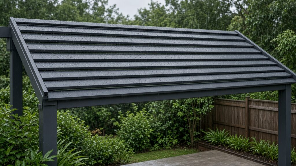Rain falling on closed louvers with shrubs behind the pergola. Concept visualization · Not a customer installation