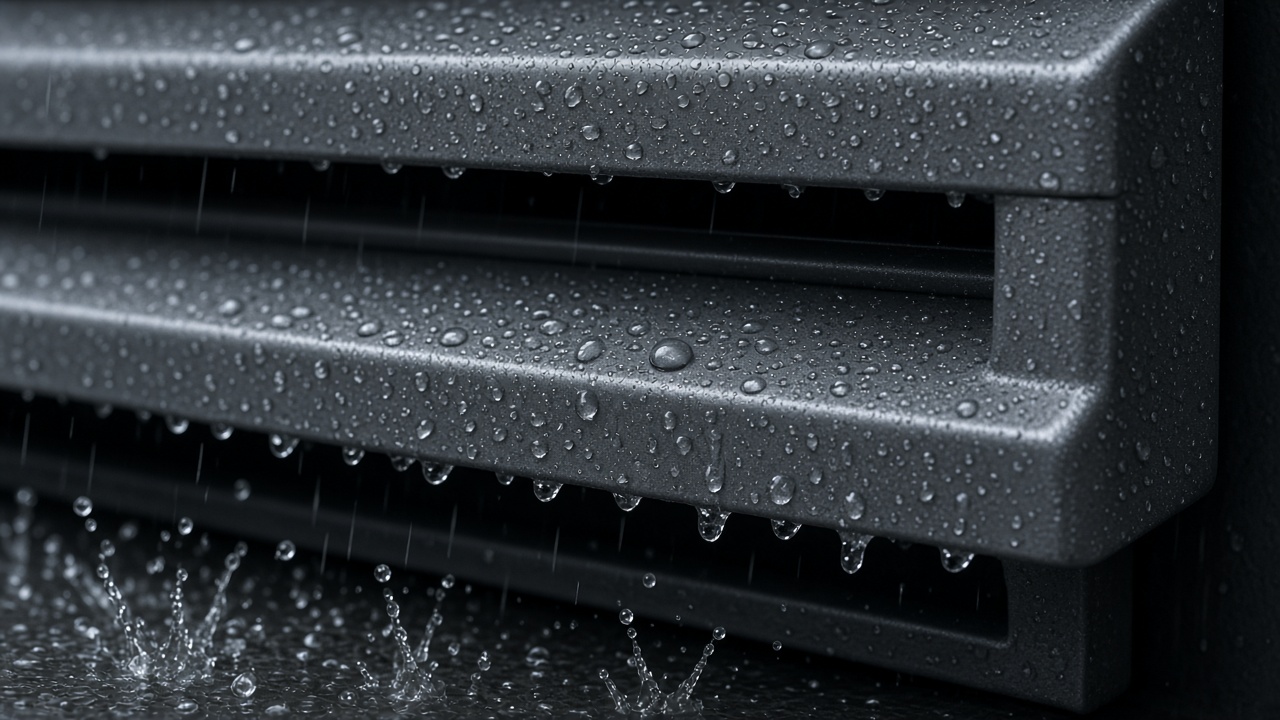 Raindrops beading on the edge of a louver. Concept visualization · Not a customer installation