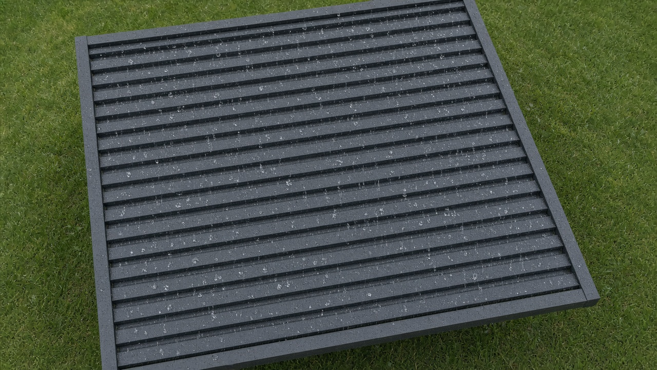 Raindrops across a large square of closed louvers. Concept visualization · Not a customer installation