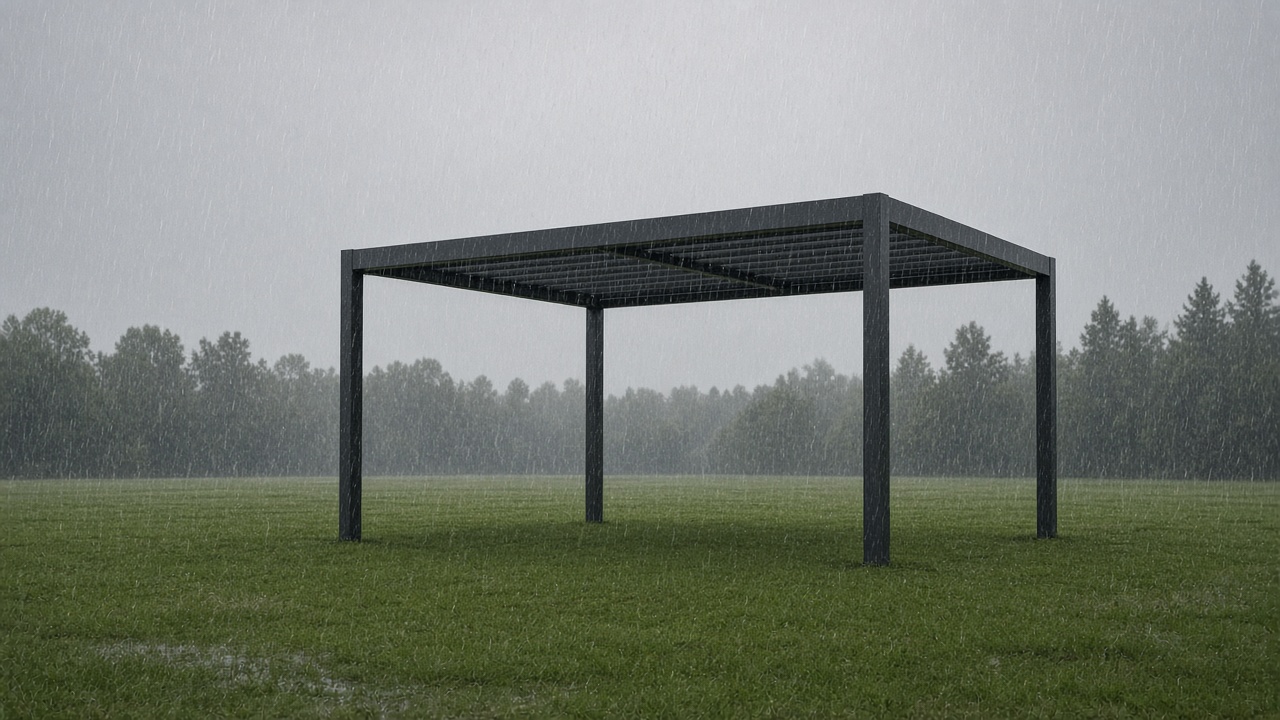 An open-sided pergola alone on a lawn in the rain. Concept visualization · Not a customer installation