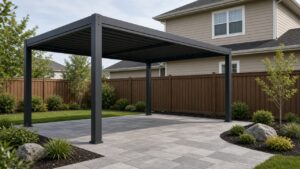 Open-sided pergola under a neighbor's upstairs windows. Concept visualization · Not a customer installation