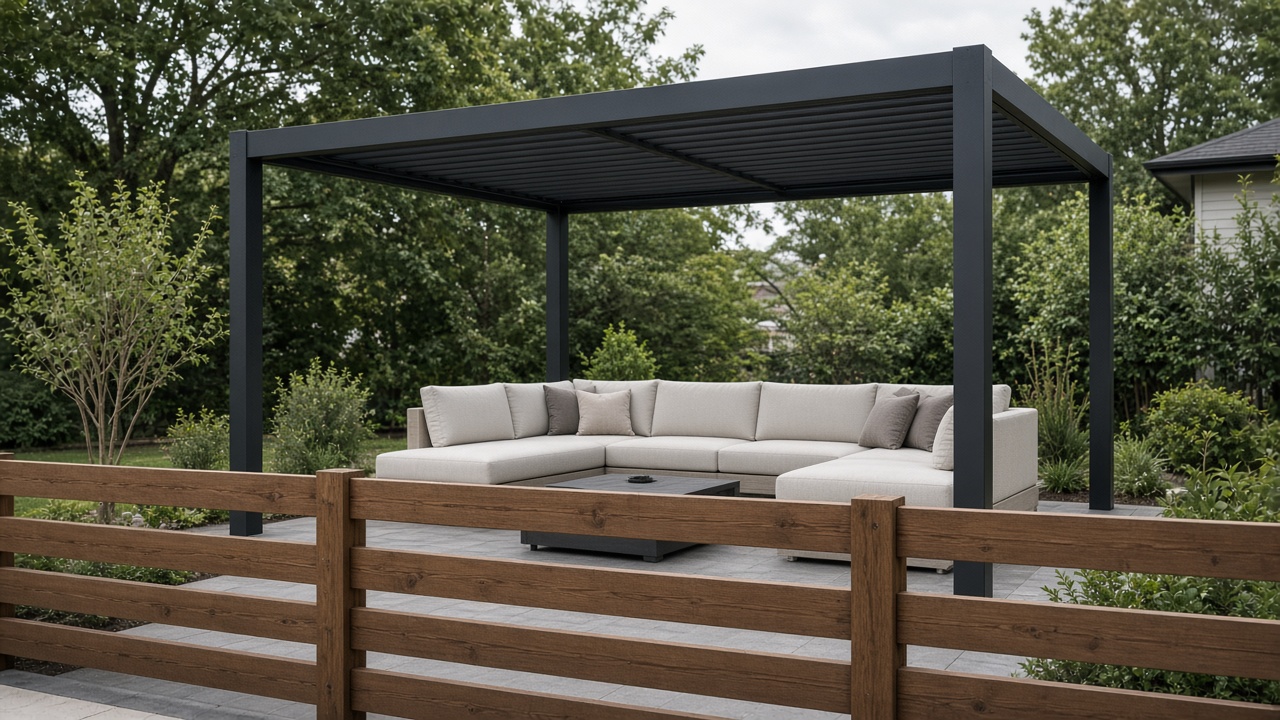 A sofa visible through open pergola sides from outside a wood rail fence. Concept visualization · Not a customer installation