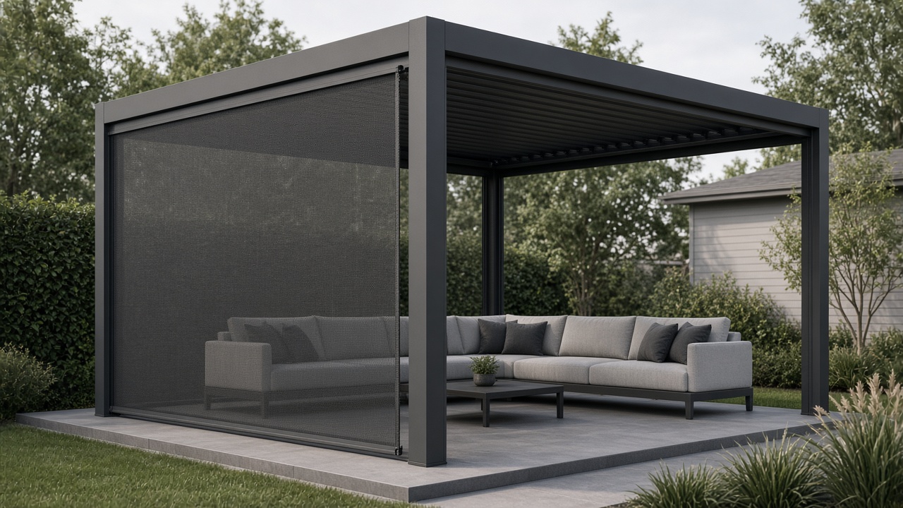 A generic pergola with one screened side and an open adjacent side. Concept visualization · Not a customer installation