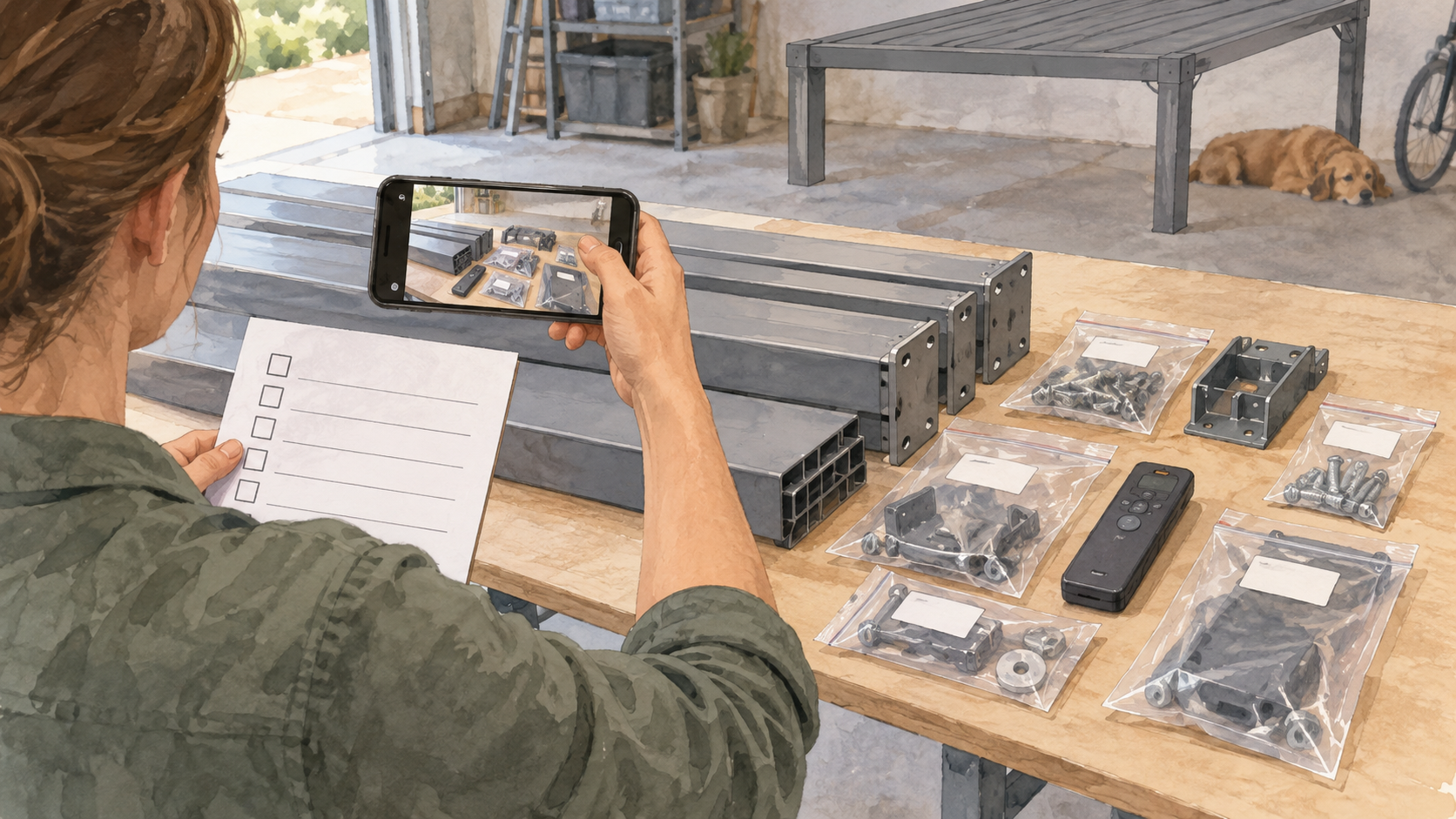 Homeowner photographing generic pergola components and fitting bags against a blank checklist. Concept visualization · Not a customer installation