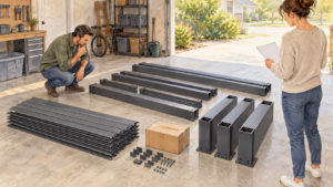 Homeowners checking disassembled generic louvered pergola components in a garage. Concept visualization · Not a customer installation